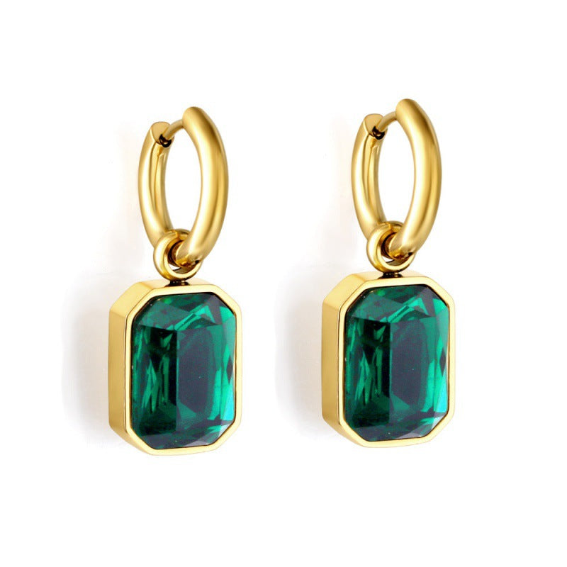 Fashion Emerald Zircon Stainless Steel Gold Plated Hoop Earrings