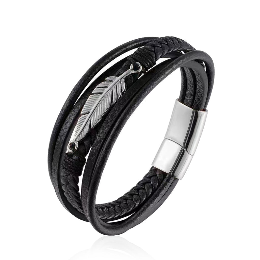 Men’s Classic Multilayer Black Braided Leather Bracelet – Handwoven Wristband with Metal Magnetic Closure