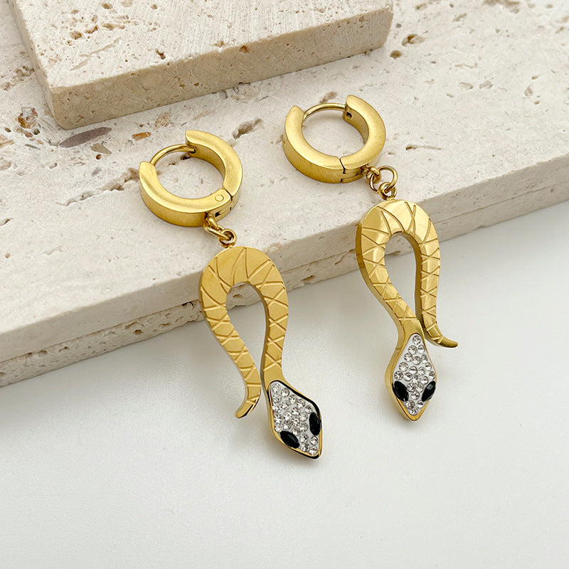 Tarnish Free Snake Dangle 18K Gold Plated Stainless Steel Hoop Earrings