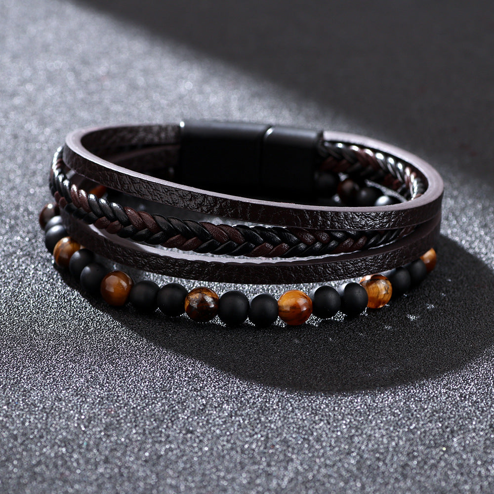 Men’s Tiger’s Eye Beaded Leather Bracelet – Four-Layer Braided Wristband with Magnetic Buckle – Stylish Male Jewelry