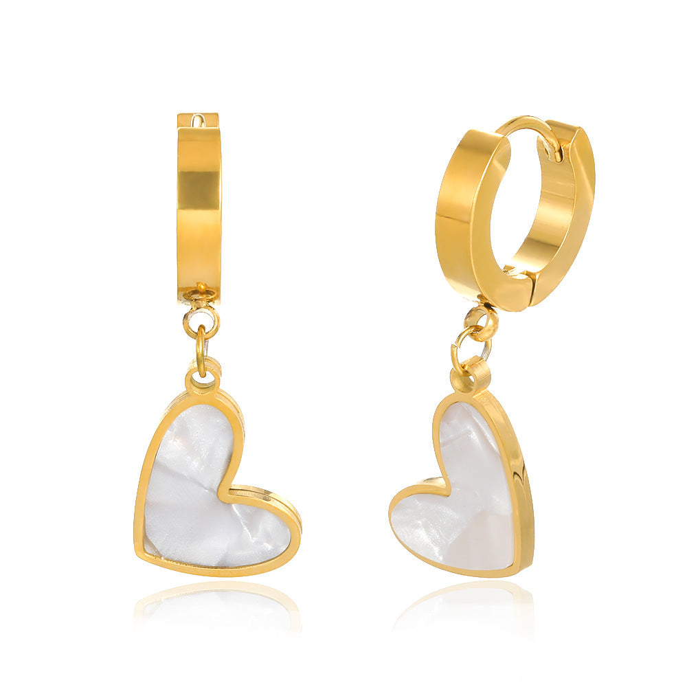 High Polish Gold Plated Stainless Steel Dangle Natural Shell Pearl with Heart Hoop Earrings for Women