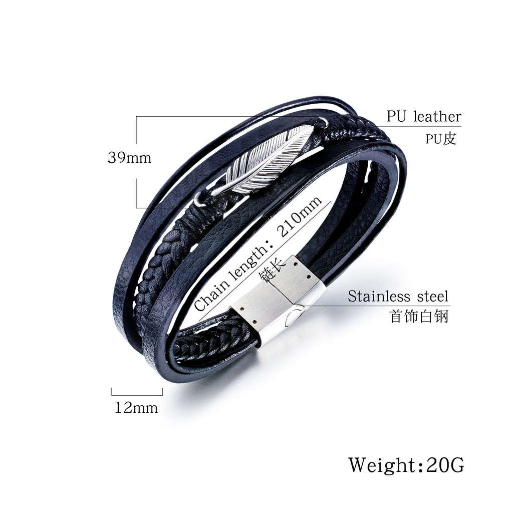 Men’s Classic Multilayer Black Braided Leather Bracelet – Handwoven Wristband with Metal Magnetic Closure