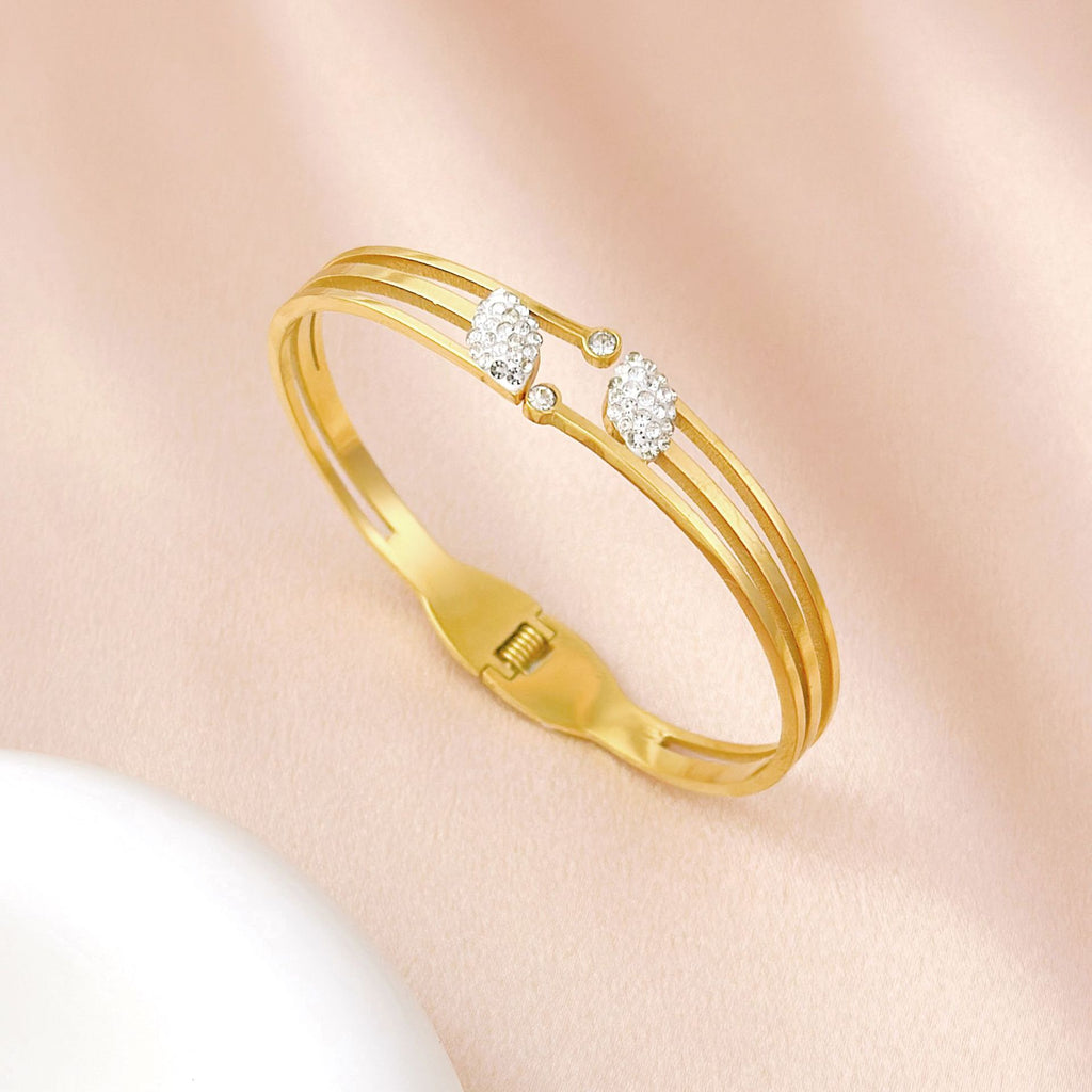 Modern Stylish Stainless Steel Gold plated zircon inlaid charms Bangle bracelet for Women