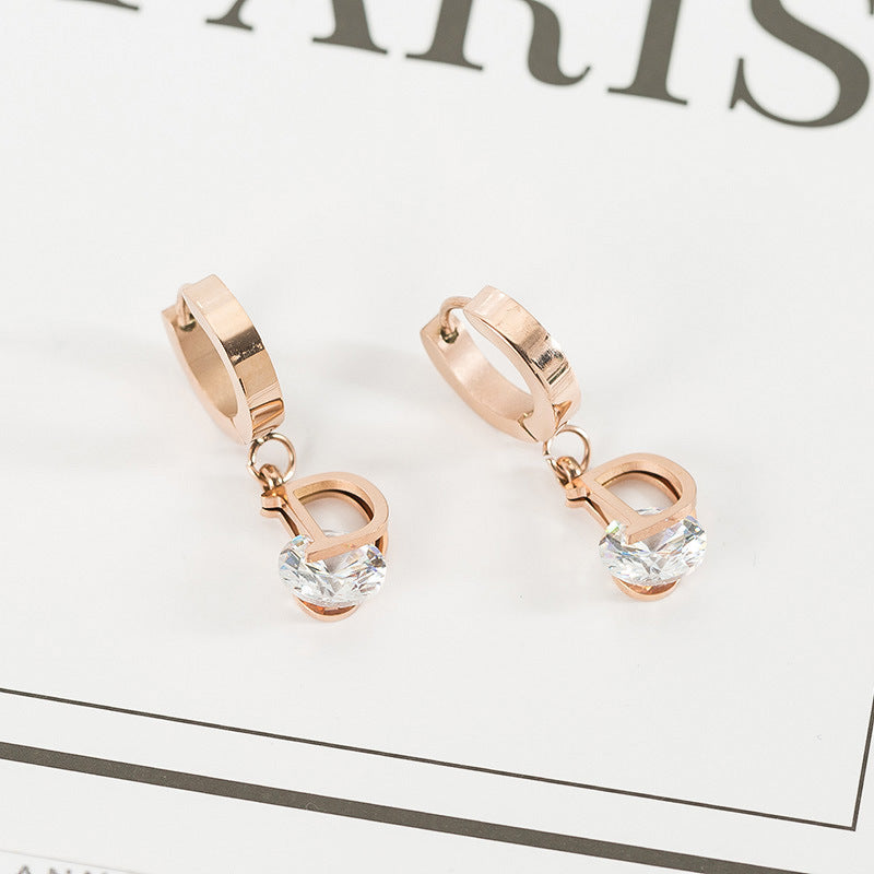 The letter D zircon titanium Steel Rose Gold pop earrings for women