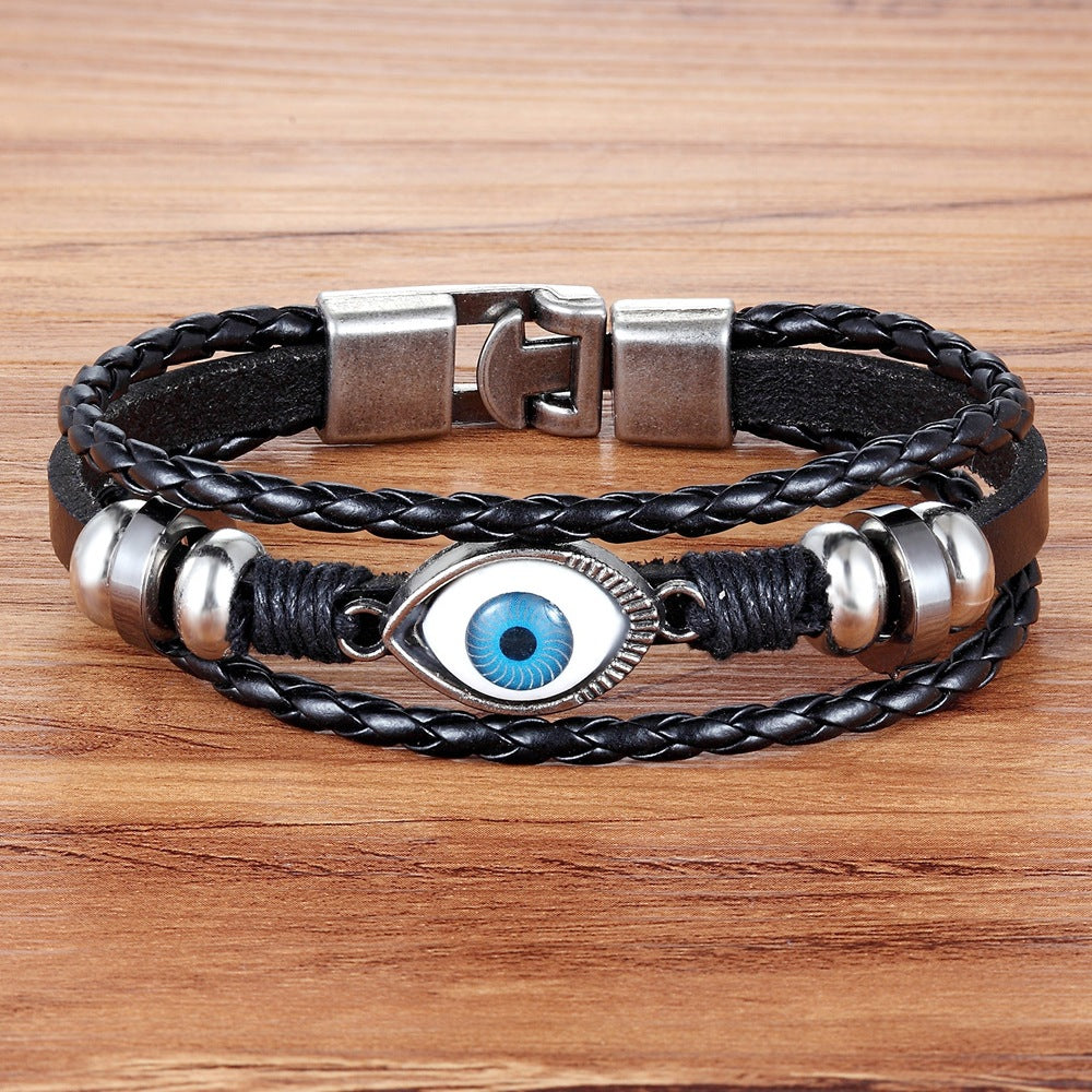 Men’s Multi-Layer Neo-Gothic Leather Bracelet – Evil Eye Charm Wristband – Stylish Personality Jewelry for Men