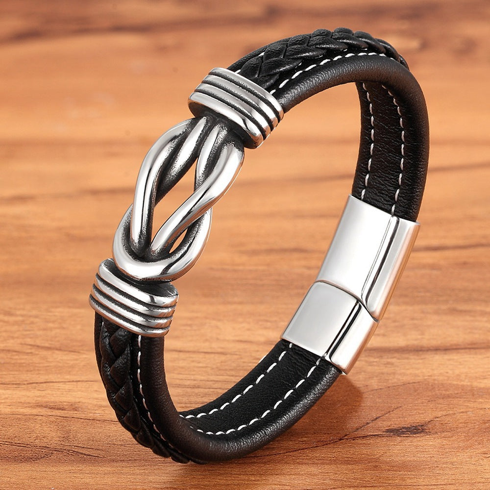 Men’s PU Leather Rope Bracelet – Black Braided Leather Wristband with Stainless Steel Clasp – Stylish & Durable Bracelet for Men