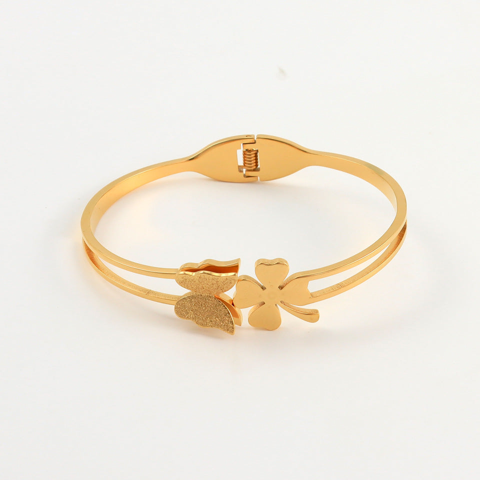 Butterfly Clover-leaves Gold Plated Stainless Steel Handcuff for Women