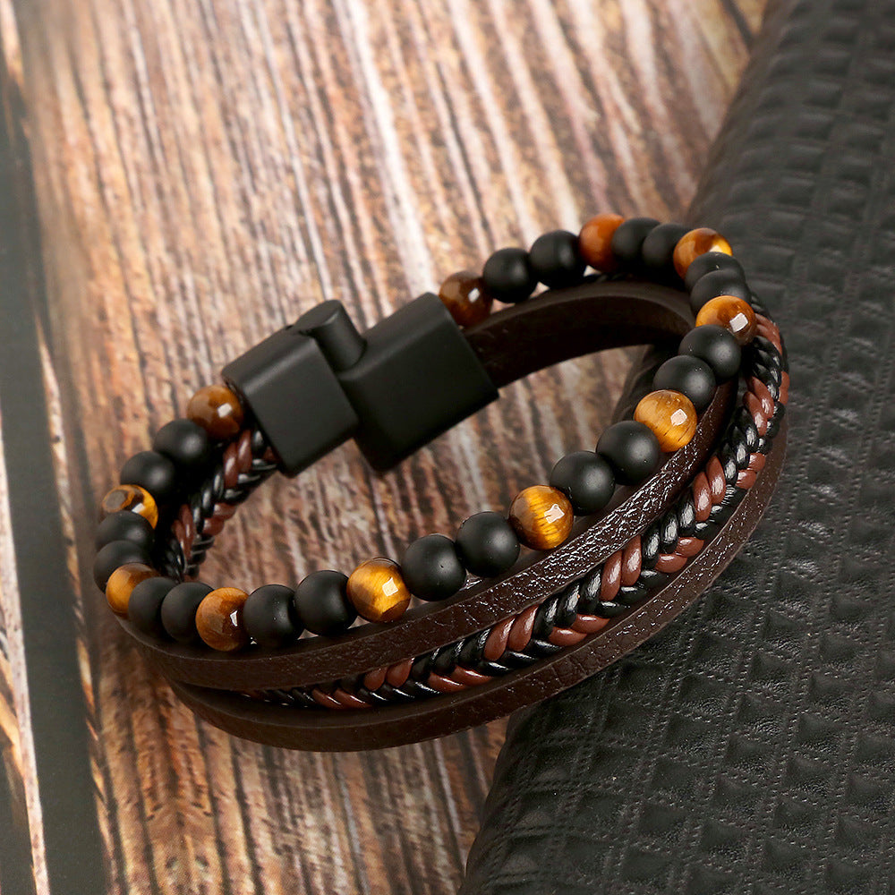 Men’s Tiger’s Eye Beaded Leather Bracelet – Four-Layer Braided Wristband with Magnetic Buckle – Stylish Male Jewelry