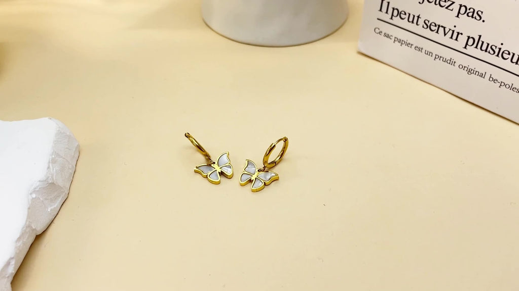 Butterfly Dangle  Stainless Steel Gold Plated White Shell Earrings For Women