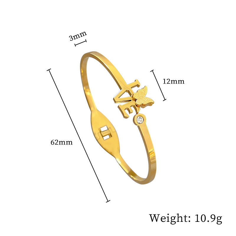 Fashion Zircon LOVE Butterfly Shaped Gold Plated Stainless Steel Bracelet Bangles for Women