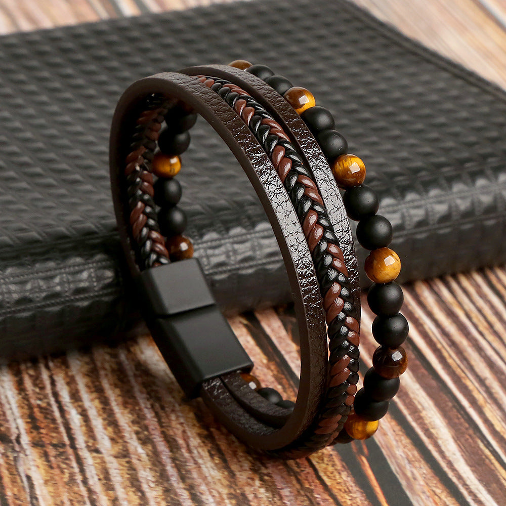 Men’s Tiger’s Eye Beaded Leather Bracelet – Four-Layer Braided Wristband with Magnetic Buckle – Stylish Male Jewelry