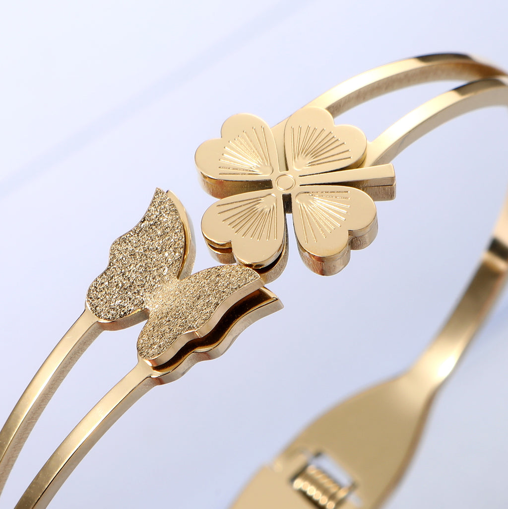 Butterfly Clover-leaves Gold Plated Stainless Steel Handcuff for Women