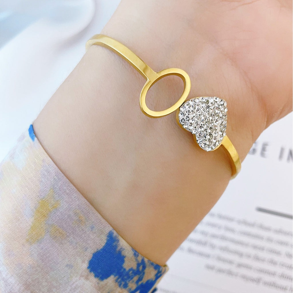 Crystal Heart design highly polish Gold Plated Stainless Steel bracelet Bangle for women