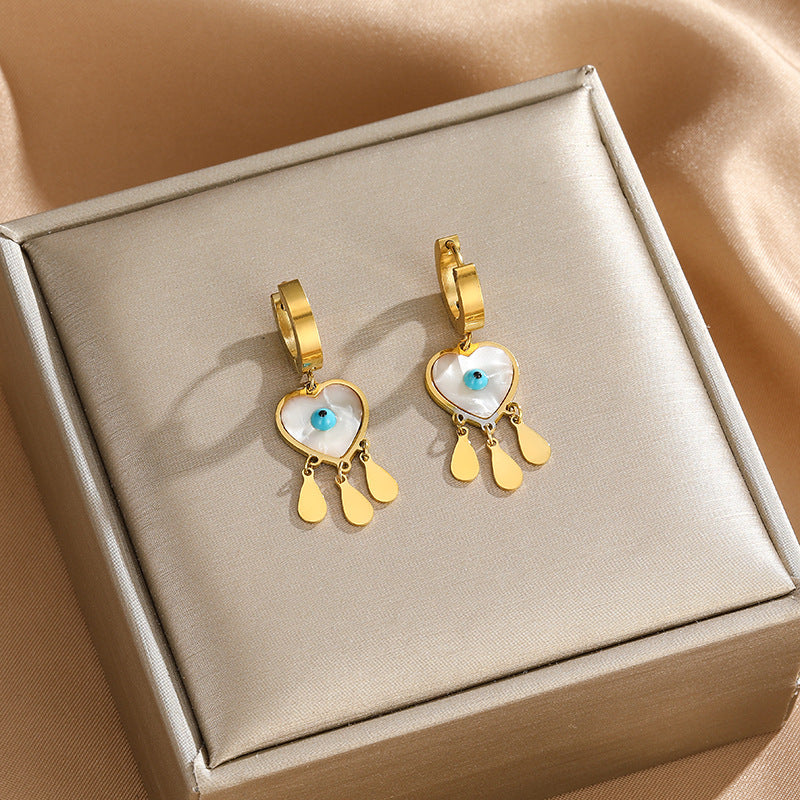 High Quality 18K Gold Plated Blue Eye Heart Stainless Steel Women Earrings