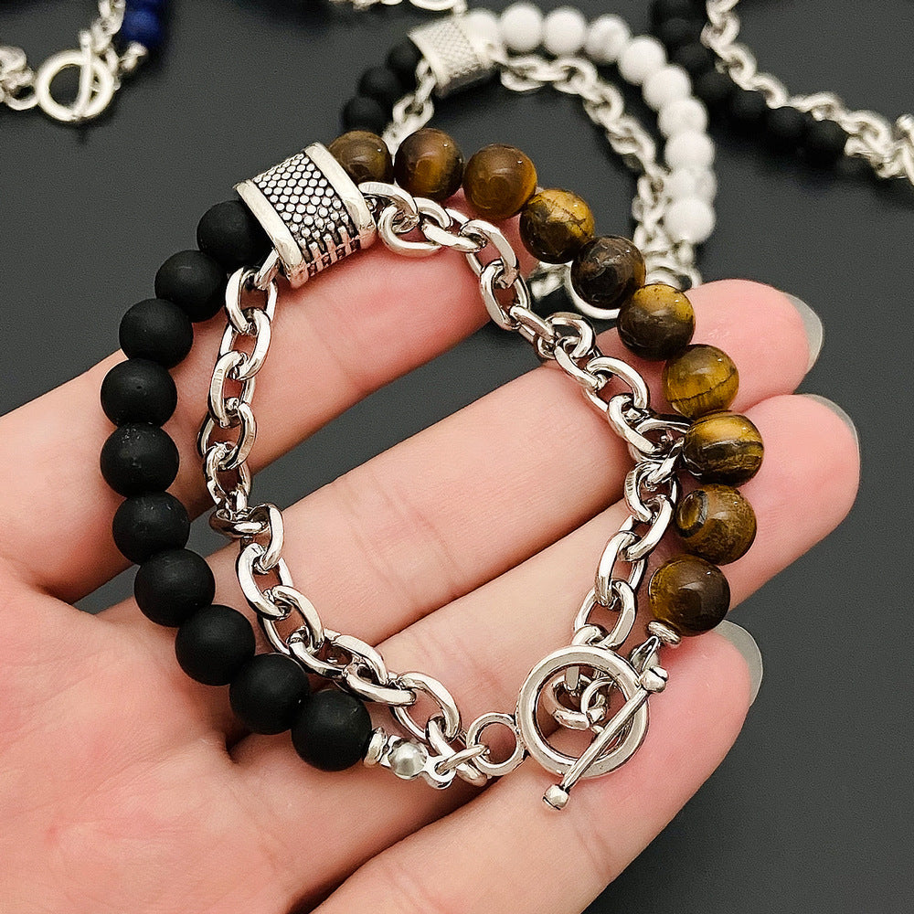 Men’s Tiger Eye Stone Beaded Bracelet – Natural Map Agate Beads with Stainless Steel Chain Link – Punk Style Male Jewelry