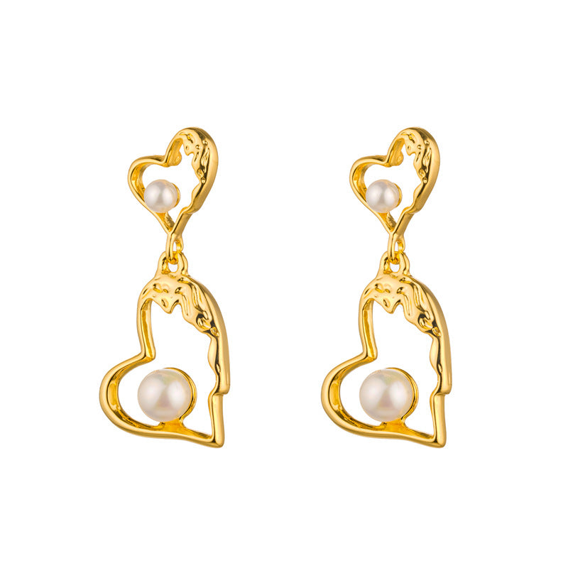 Double Heart Drop Pendant with Pearl and Gold Plated fashion earrings for women