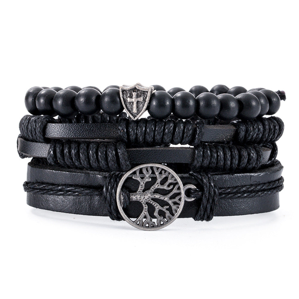 Men’s Retro Tree of Life Leather Bracelet Set – Four-Piece Multi-Layer Braided Wristband – Lucky Charm Jewelry