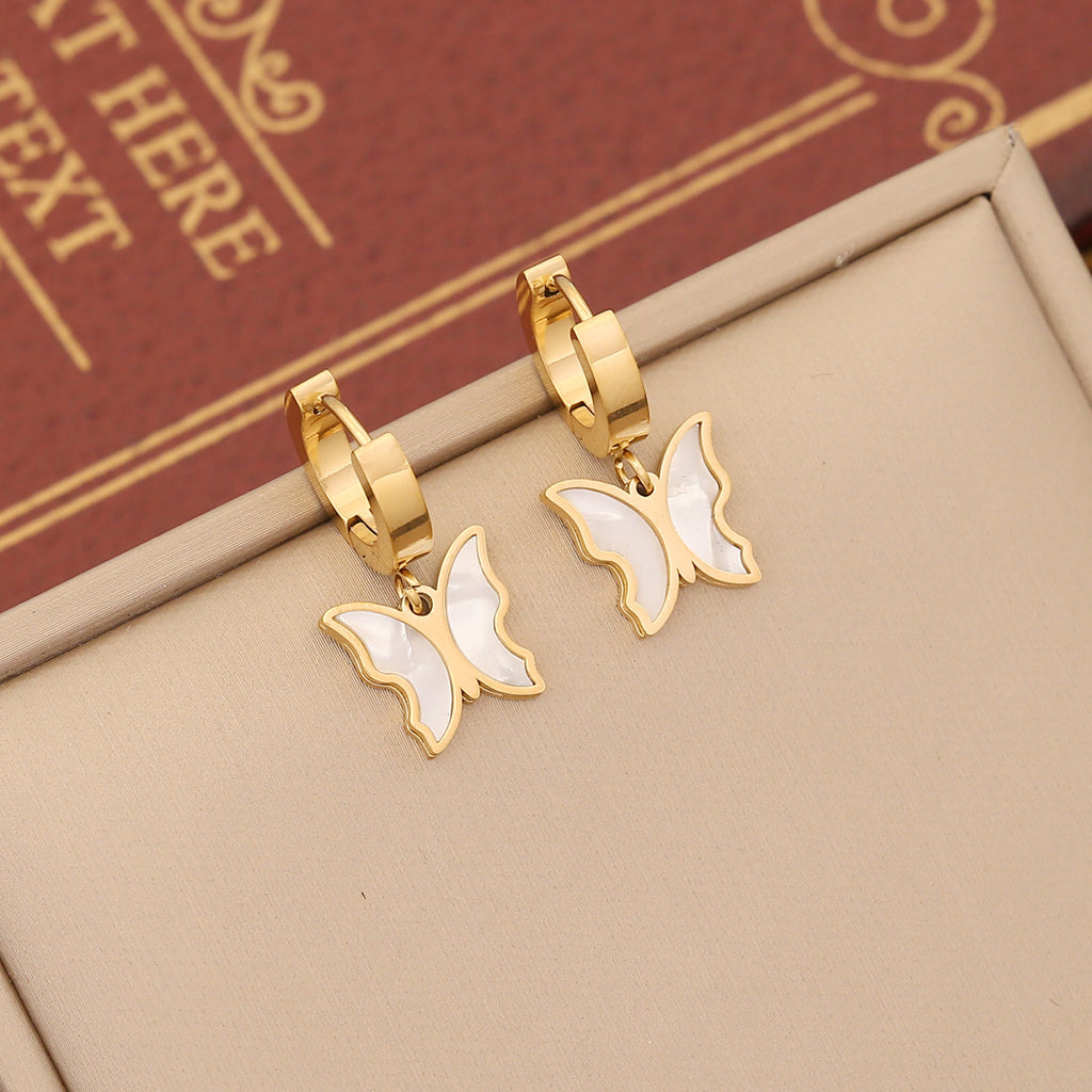 Gold Plated White Shell Butterfly Drop with Fade Proof Stainless Steel Earrings