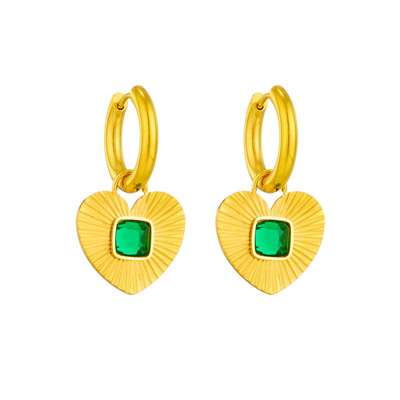 Vintage Stainless Steel Gold Plated Green Zircon Love Pendant Hoop Earrings