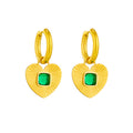 Vintage Stainless Steel Gold Plated Green Zircon Love Pendant Hoop Earrings