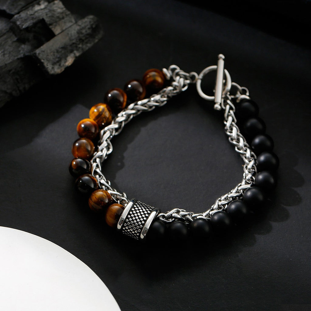 Men’s Tiger Eye Stone Beaded Bracelet – Natural Map Agate Beads with Stainless Steel Chain Link – Punk Style Male Jewelry