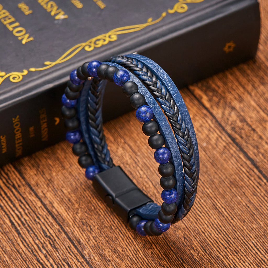 Men’s Classic Multi-Layer Leather Bracelet – Fashion Blue Eye Beaded Wristband – Stylish Handmade Leather Jewelry for Men