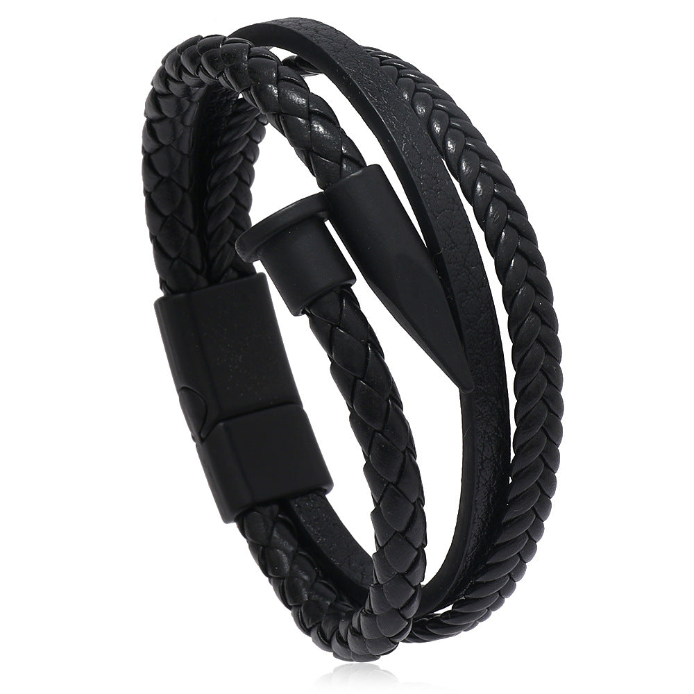 Men’s Handmade Nail Bullet Alloy Bracelet – Vintage Braided Leather Wristband with Magnetic Buckle – Multilayer Handmade Jewelry for Men