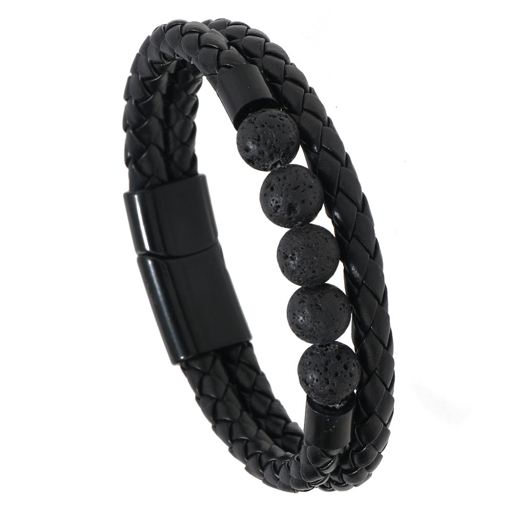 Men’s Classic Leather Beaded Bracelet – Stainless Steel Magnetic Buckle Wristband – Stylish Bangle Jewelry for Friends & Gifts