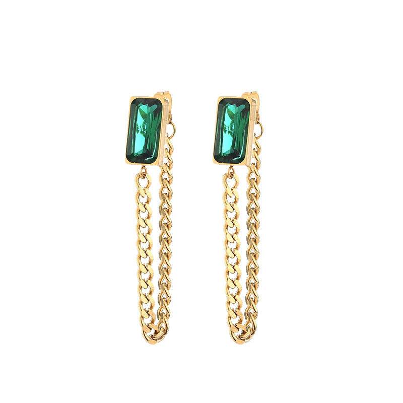 18K Gold Plated Stainless Steel Green Diamond Long Tassel Earrings