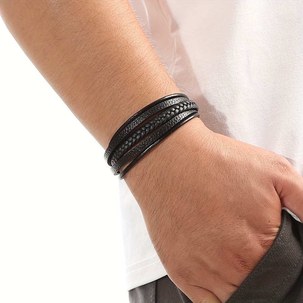 Trendy Men’s PU Leather Bracelet – Multi-Layer Black Leather Cuff Bangle – Stylish Charm Wristband for Men