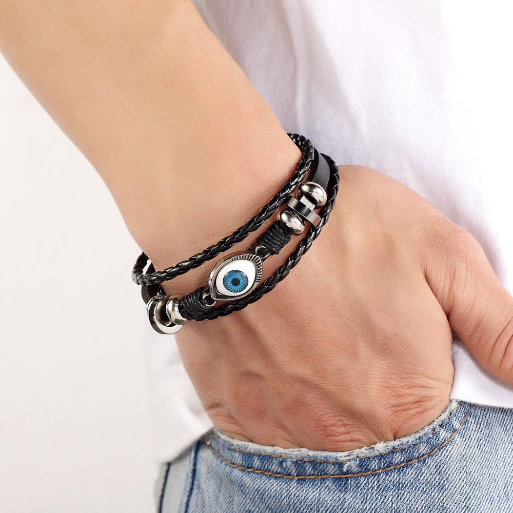 Men’s Multi-Layer Neo-Gothic Leather Bracelet – Evil Eye Charm Wristband – Stylish Personality Jewelry for Men