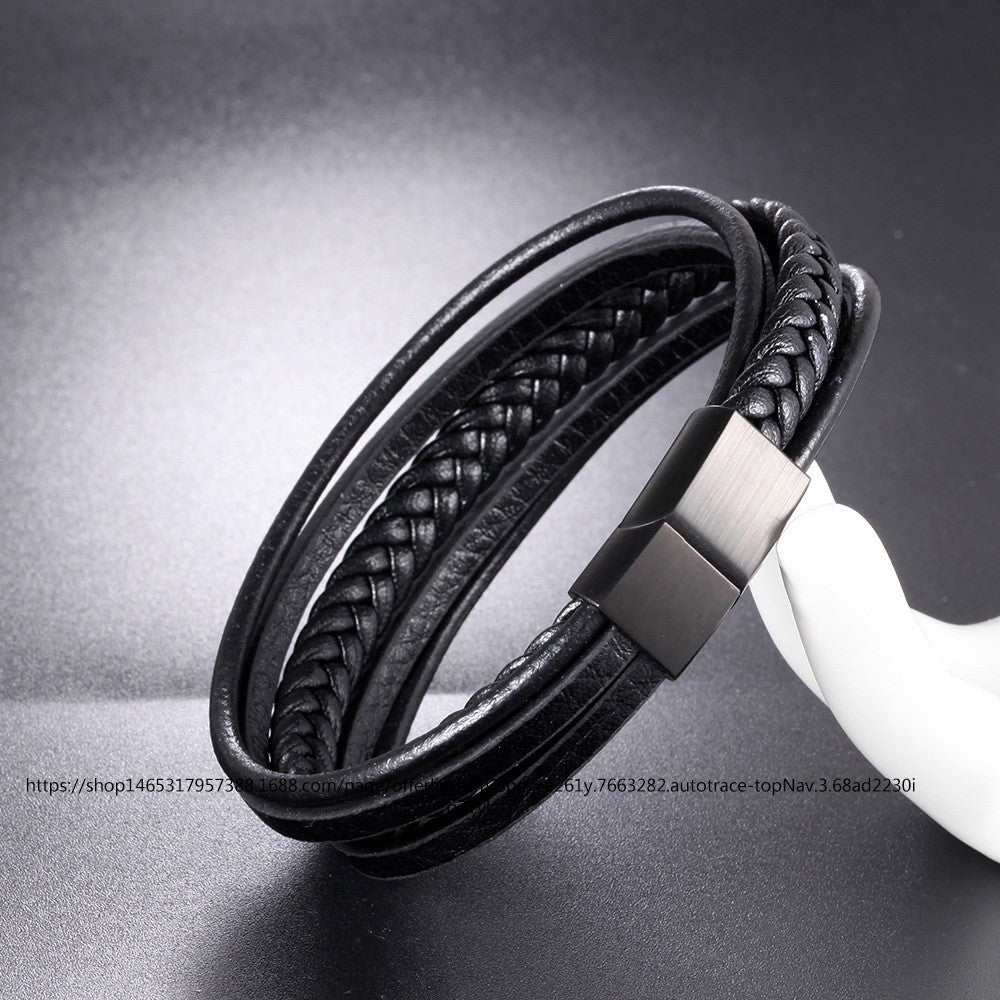 Trendy Men’s PU Leather Bracelet – Multi-Layer Black Leather Cuff Bangle – Stylish Charm Wristband for Men