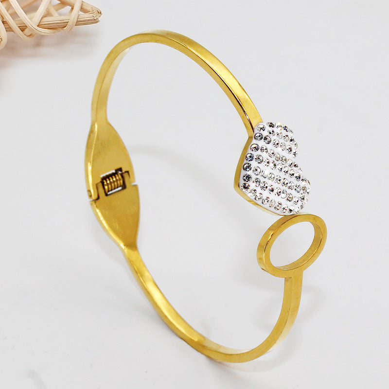 Crystal Heart design highly polish Gold Plated Stainless Steel bracelet Bangle for women