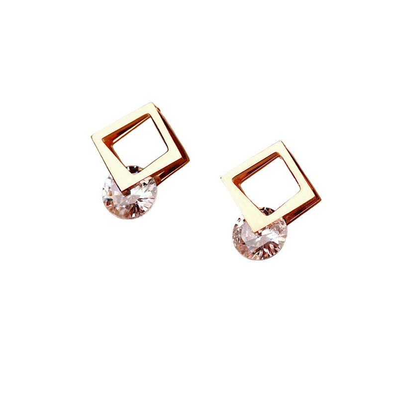 Fashion Rose Gold Enamel Stainless Steel Square Crystal Girls Earring Studs