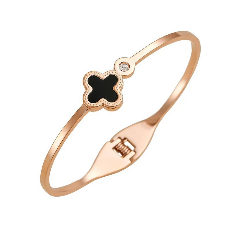 Four Leaf Lucky Clover Stainless steel Gold plated crystal cuff bangle bracelet for Women