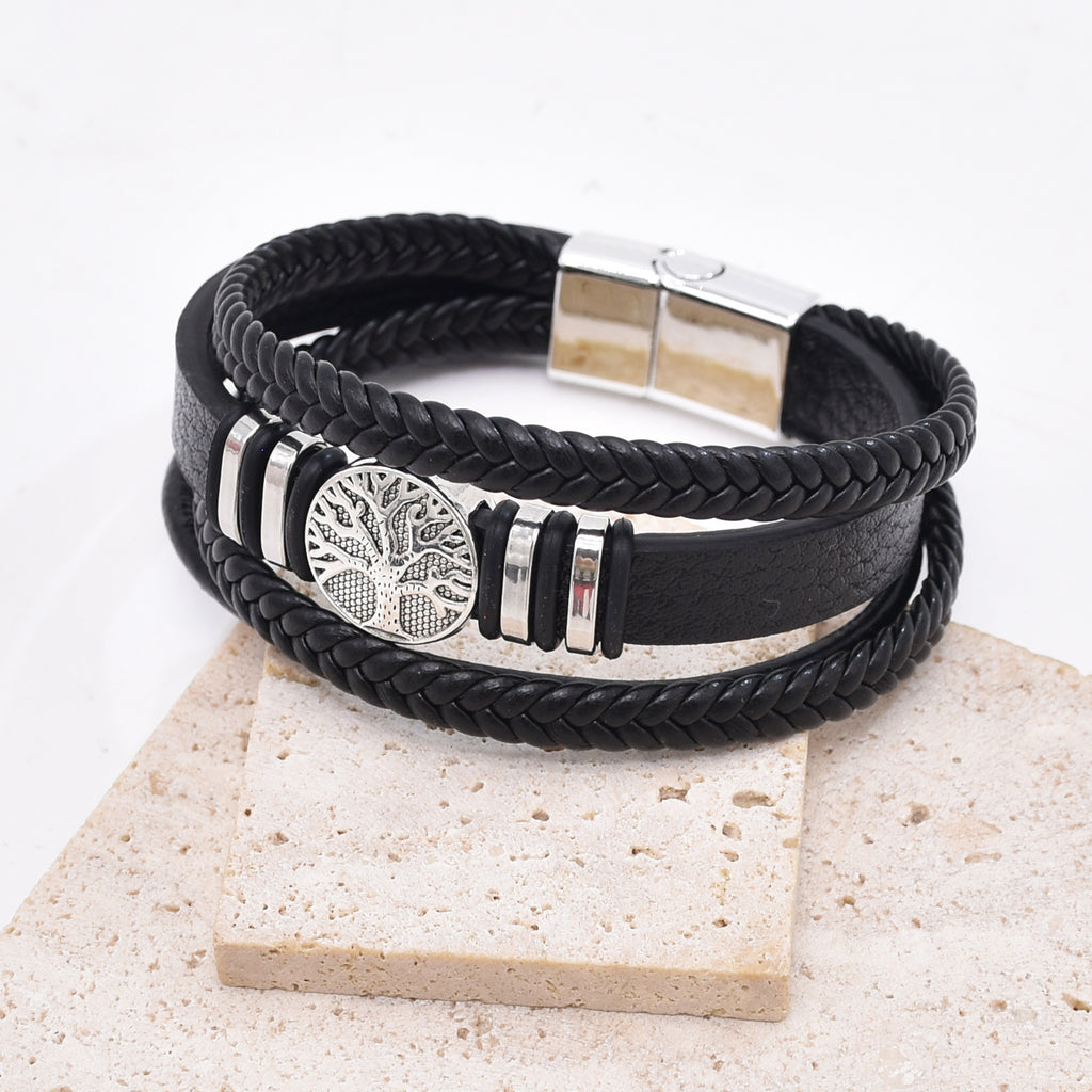 Men’s Woven PU Leather Bracelet – Hand-Woven Multi-Layer Black Rope & Brown Zinc Alloy Bangle – Punk Style Gift Bracelet for Men