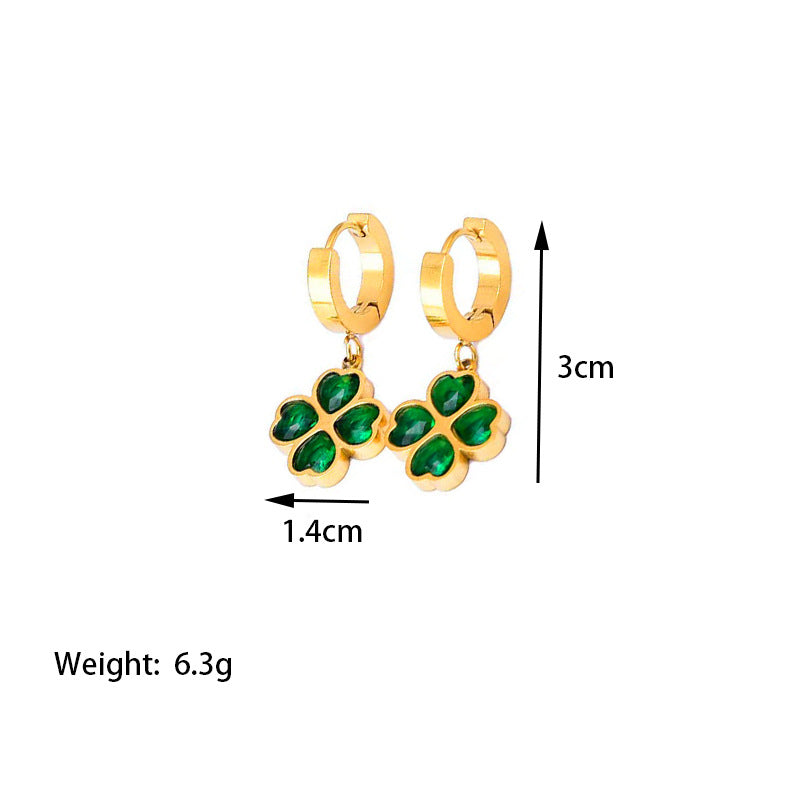 Unique Four-Leaf Green Clover Stainless Steel Charm Earrings For Women