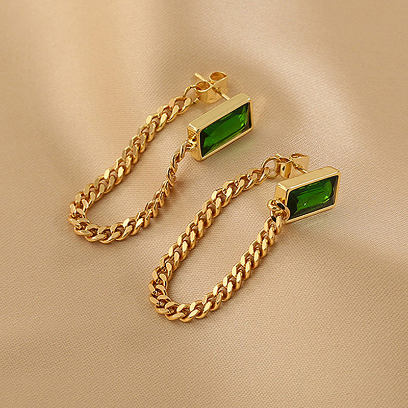 18K Gold Plated Stainless Steel Green Diamond Long Tassel Earrings