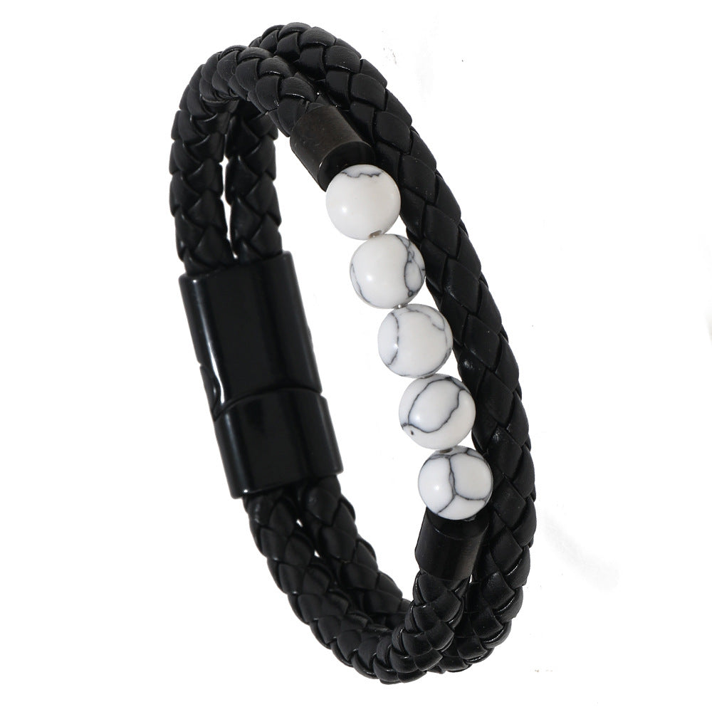 Men's Punk Style PU Leather Bracelet – Handmade 8mm Volcanic Stone Beads with Stainless Steel Magnetic Buckle