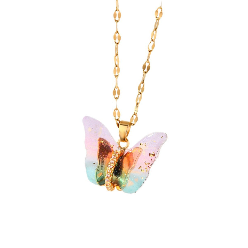 Gold Fantasy Butterfly Necklace for Women – Sweet Color Resin Diamond Clavicle Chain, Elegant Fashion Accessories