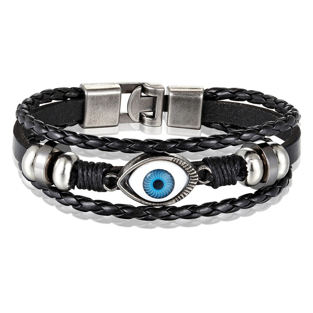 Men’s Multi-Layer Neo-Gothic Leather Bracelet – Evil Eye Charm Wristband – Stylish Personality Jewelry for Men