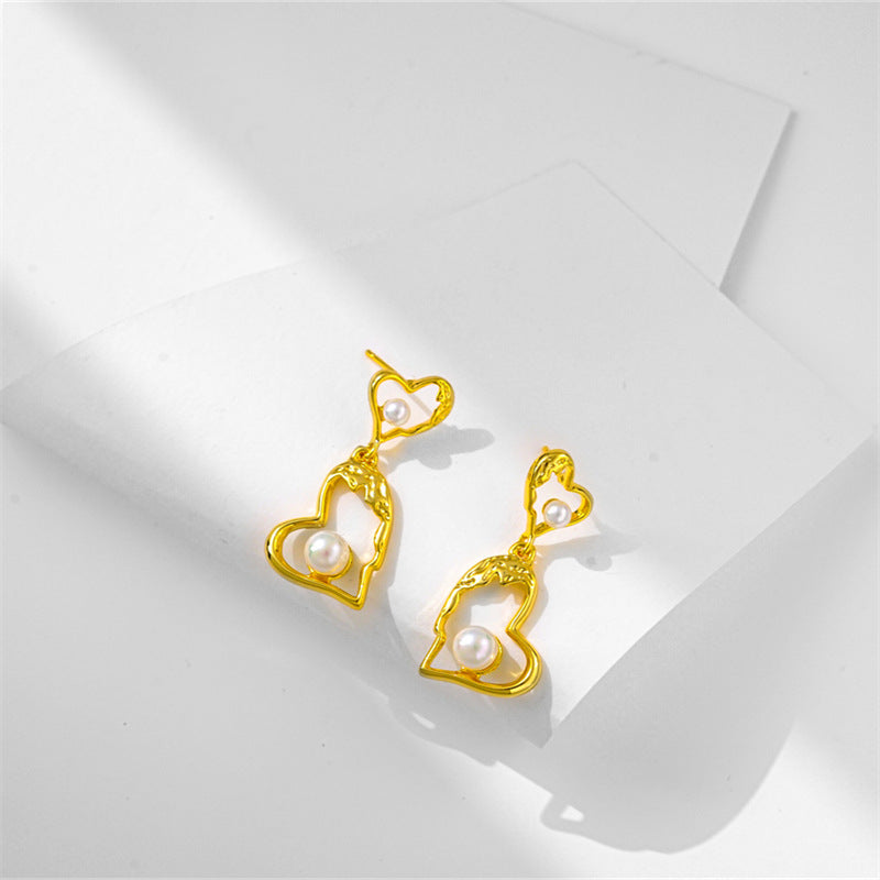 Double Heart Drop Pendant with Pearl and Gold Plated fashion earrings for women