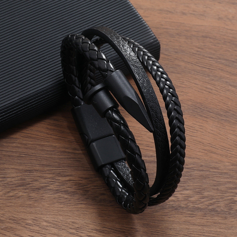 Men’s Handmade Nail Bullet Alloy Bracelet – Vintage Braided Leather Wristband with Magnetic Buckle – Multilayer Handmade Jewelry for Men