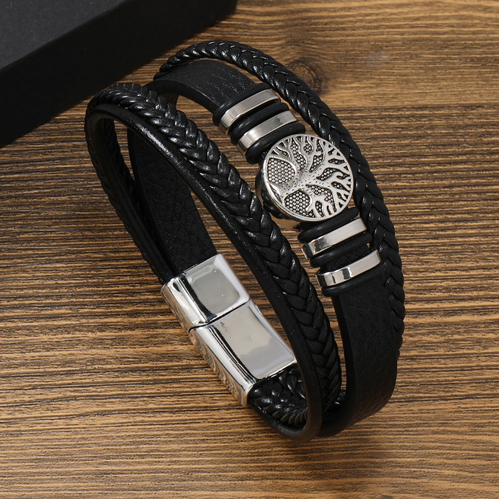 Men’s Woven PU Leather Bracelet – Hand-Woven Multi-Layer Black Rope & Brown Zinc Alloy Bangle – Punk Style Gift Bracelet for Men