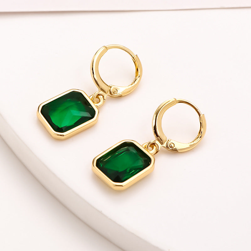 Fashion Emerald Zircon Stainless Steel Gold Plated Hoop Earrings