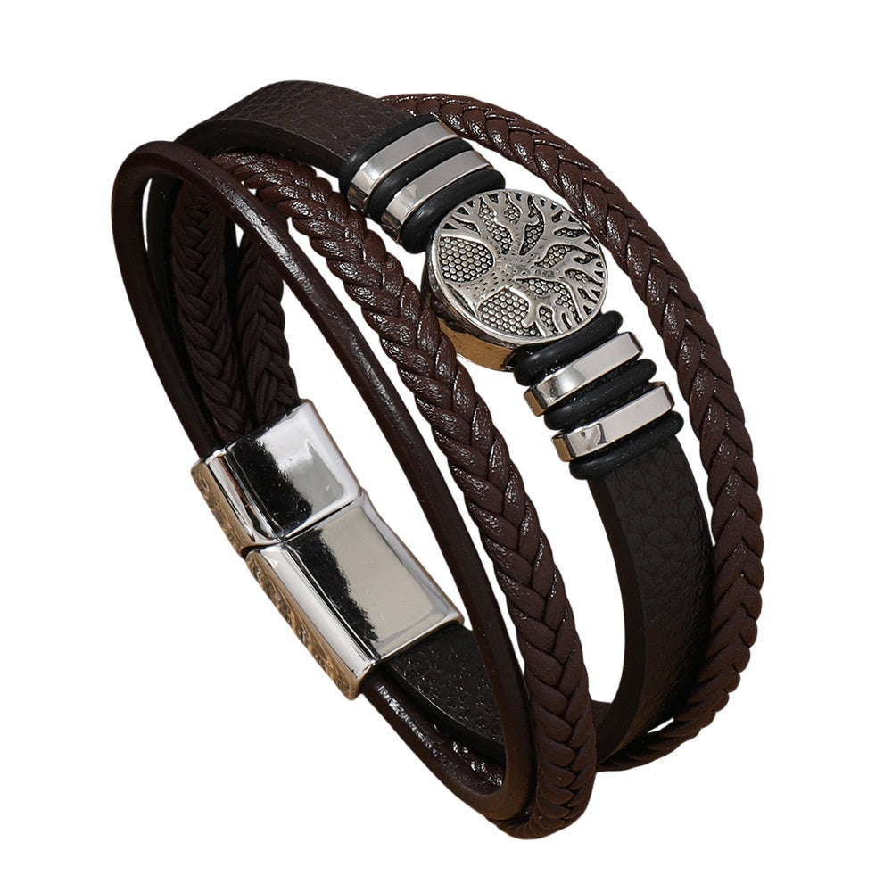 Men’s Woven PU Leather Bracelet – Multi-Layer Hand-Woven Brown Rope Bracelet with Zinc Alloy Tree Bangle – Punk Style for Men