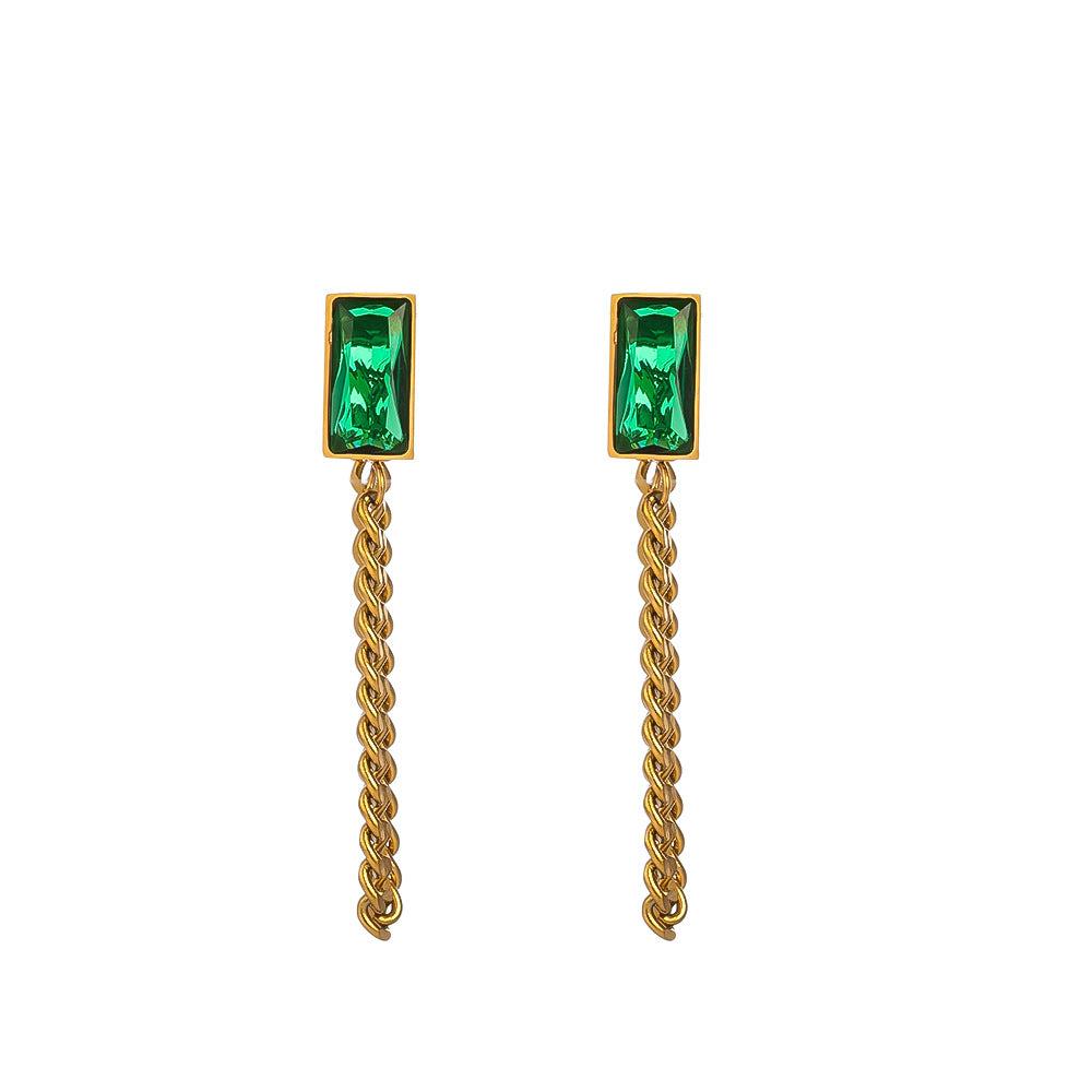 18K Gold Plated Stainless Steel Green Diamond Long Tassel Earrings