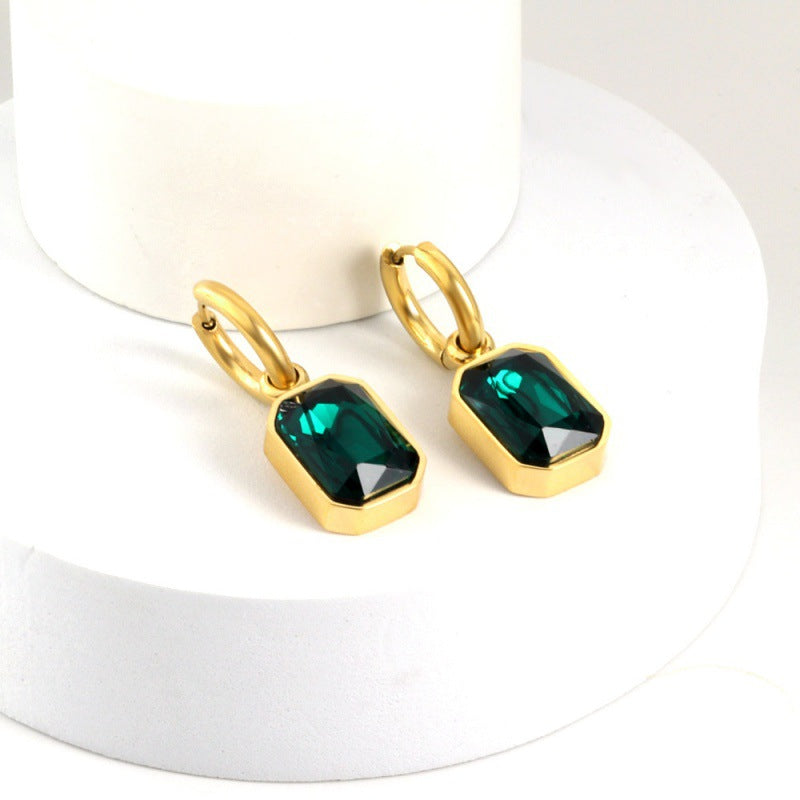 Fashion Emerald Zircon Stainless Steel Gold Plated Hoop Earrings