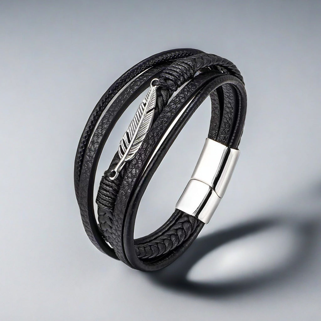 Men’s Classic Multilayer Black Braided Leather Bracelet – Handwoven Wristband with Metal Magnetic Closure