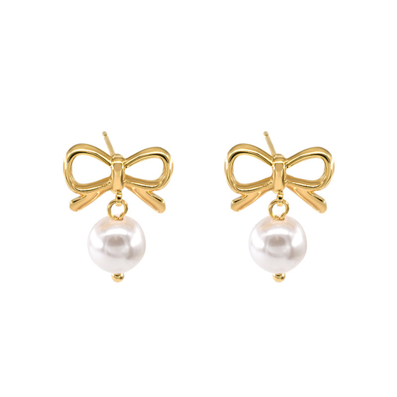 Elegant bow knot pearl Stainless Steel earrings for Women